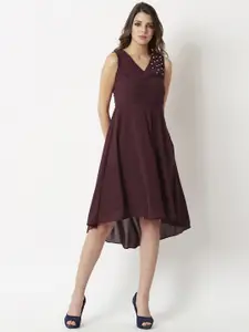 Miss Chase Women Maroon Solid Fit and Flare Dress