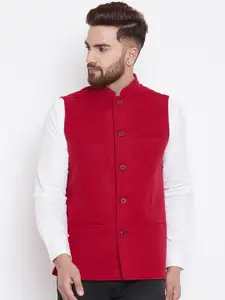 even Men Solid Red Velvet Nehru Jacket
