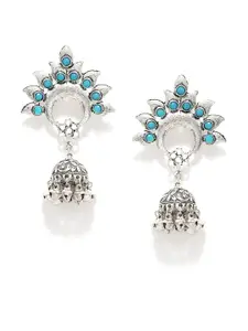Fabstreet Silver-Toned & Turquoise Blue Handcrafted Dome Shaped Jhumkas
