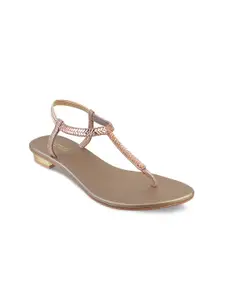 Metro Women Gold-Toned Solid Synthetic T-Strap Flats