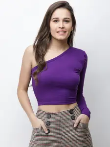 Cation Women Purple Solid One Shoulder Fitted Cropped Pure Cotton Top
