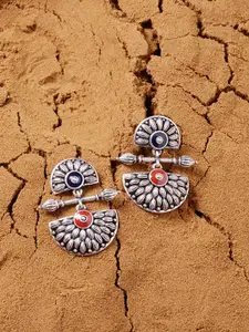 Voylla Silver-Plated & Blue Oxidised Geometric Drop Earrings