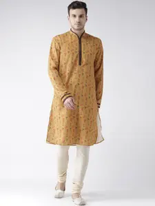 KISAH Men Mustard Yellow Printed Straight Kurta