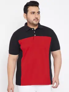 bigbanana Plus Size Men Black  Red Colourblocked Polo Collar Pure Cotton T-shirt