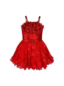 Wish Karo Girls Red Self Design Fit and Flare Dress