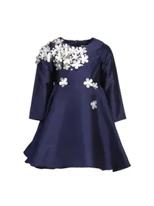 A Little Fable Girls Navy Blue Self Design Fit and Flare Dress