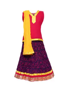 BownBee Girls Pink & Purple Solid Ready to Wear Lehenga & Blouse with Dupatta