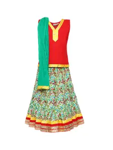 BownBee Girls Red & Green Solid Ready to Wear Lehenga & Blouse with Dupatta