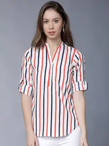 Tokyo Talkies Women White Striped Shirt Style Top