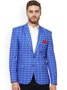 Hangup Men Blue Checked Single-Breasted Casual Blazer