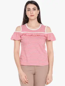 Honey by Pantaloons Women Pink & Off-White Striped Cold Shoulder Pure Cotton Top