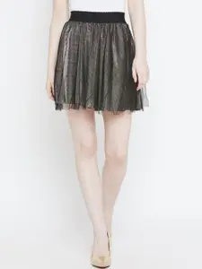 Camey Women Black & Gold Coloured Solid Layered Mini Skirt