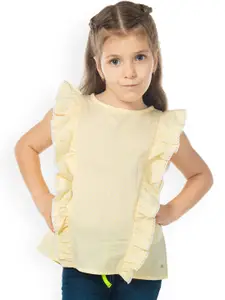 Cherry Crumble Girls Cream Solid Cotton Blended Ruffle Top