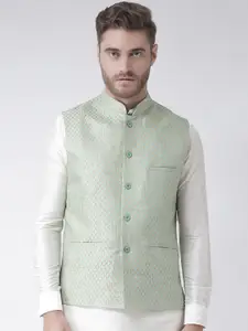 Deyann Men Mint Green Woven Design Nehru Jacket