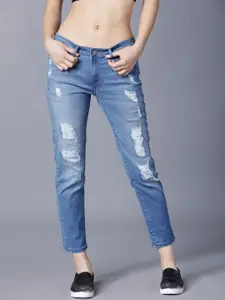 Tokyo Talkies Women Blue Boyfriend Fit Mid-Rise Mildly Distressed Stretchable Jeans