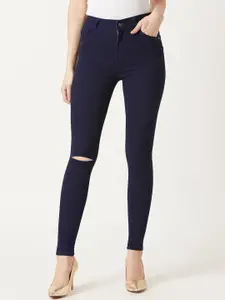 Miss Chase Women Navy Blue Skinny Fit Mid-Rise Slash Knee Jeans