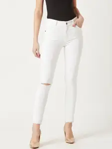 Miss Chase Women White Skinny Fit Mid-Rise Slash Knee Jeans