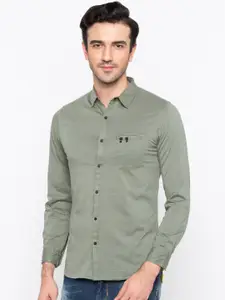 Status Quo Men Olive Green Slim Fit Self Design Casual Shirt