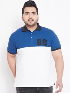 bigbanana Plus Size Men White  Blue Colourblocked Polo Collar T-shirt