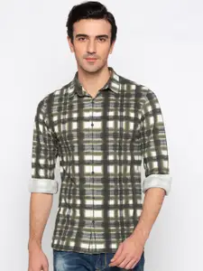 Status Quo Men Olive Green & White Slim Fit Checked Casual Shirt