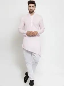 TREEMODA Men Pink & White Solid Linen Kurta with Pyjamas