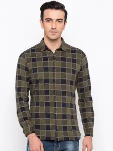 Status Quo Men Olive Green & Navy Blue Slim Fit Checked Casual Shirt