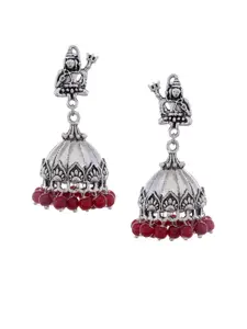 Silvermerc Designs Silver-Toned & Red Dome Shaped Jhumkas