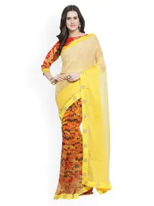 Shaily Women Yellow Printed Pure Georgette Saree with Blouse Piece