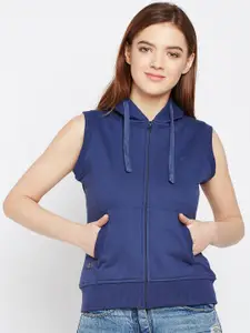 Taanz Women Navy Blue Solid Hooded Sweatshirt