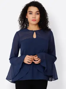 Cation Women Navy Blue Solid Bell Sleeves Top