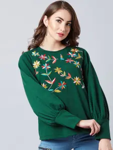 Athena Women Green Embroidered Sweatshirt