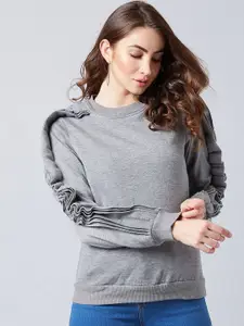 Athena Women Grey Solid Asymmetric Sleeve Sweatshirt