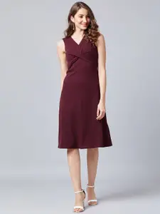 Athena Women Solid Burgundy Fit and Flare Dress