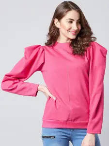 Athena Women Pink Solid Puff Sleeve Sweatshirt