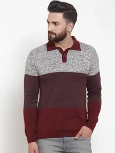 Kalt Men Maroon & Grey Colourblocked Sweater