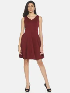 AARA Women Solid Maroon Fit and Flare Dress