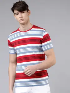 LOCOMOTIVE Men White & Blue Striped Slim Fit Round Neck T-shirt