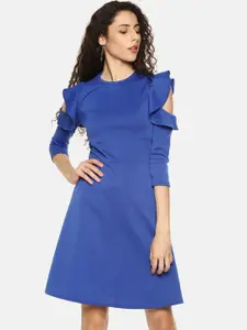 AARA Women Solid Blue A-Line Dress