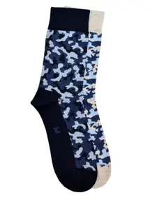 VINENZIA Men Pack of 2 Navy Blue & Grey Melange Camouflage Patterned Calf-Length Socks