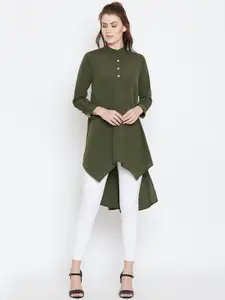 Berrylush Women Olive Green Solid High-Low Top