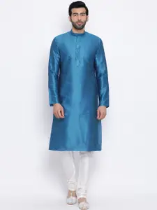 NAMASKAR Men Blue Solid Dupion Silk Straight Kurta