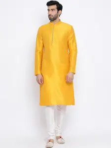NAMASKAR Men Yellow Solid Dupion Silk Straight Kurta