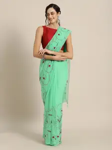 Geroo Jaipur Green Embroidered Pure Chiffon Saree