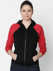 Rute Women Black & Red Solid Hooded Sweatshirt