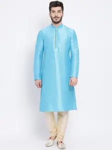 NAMASKAR Men Blue Solid Dupion Silk Straight Kurta