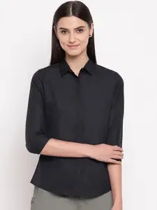 Hancock Women Black Solid Slim Fit Pure Cotton Formal Shirt