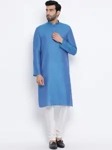 NAMASKAR Men Blue & Blue Solid Straight Kurta