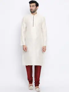 NAMASKAR Men Off-White Dupion Silk Solid Straight Kurta