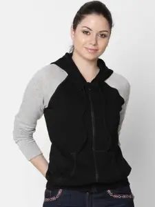 Rute Women Black & Grey Solid Hooded Sweatshirt