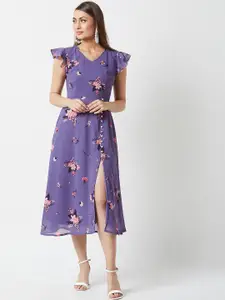 Miss Chase Women Purple Floral Printed Fit and Flare Dress